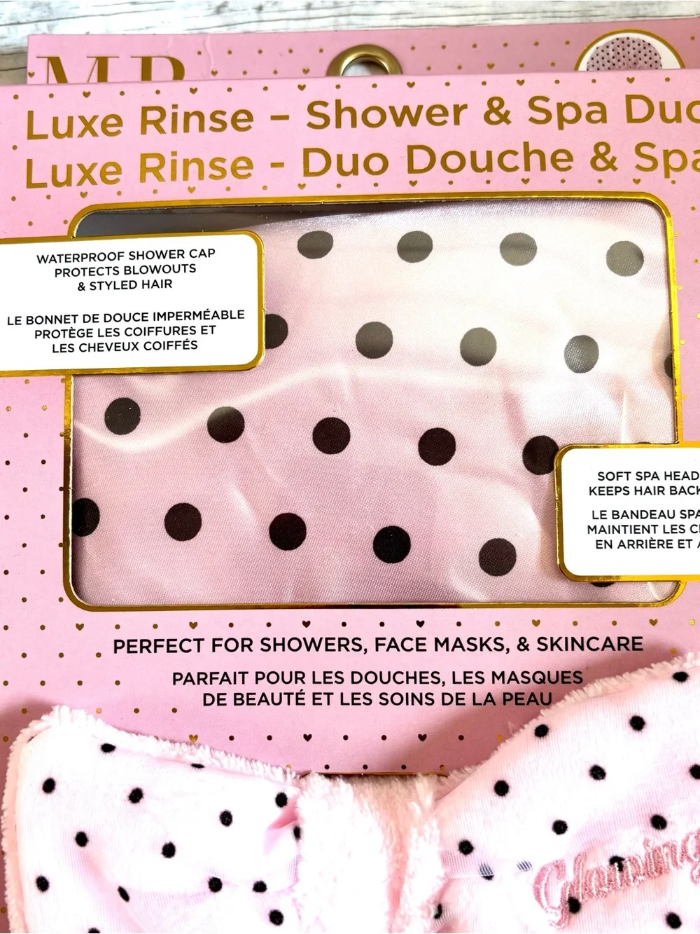NWT Luxe Rinse Shower & Spa Duo Set Pink Polka Dot